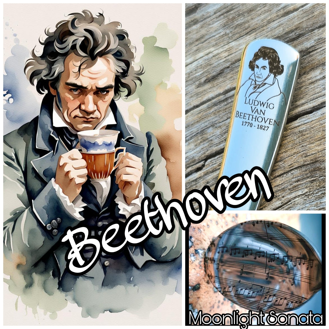Beethoven, Mozart, Chopin and Liszt. Famous composers. Gift for music teacher. Gifts for musicians. Giftware for piano players. Classical Music. Engraved silverware. Teaspoon set. Commemorative teaspoon set. 