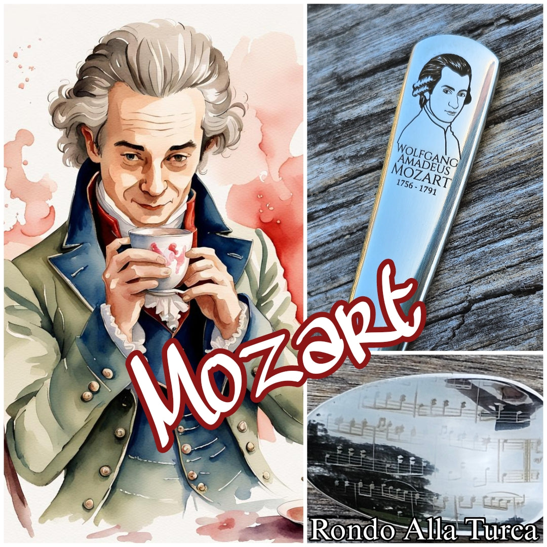 Beethoven, Mozart, Chopin and Liszt. Famous composers. Gift for music teacher. Gifts for musicians. Giftware for piano players. Classical Music. Engraved silverware. Teaspoon set. Commemorative teaspoon set. 